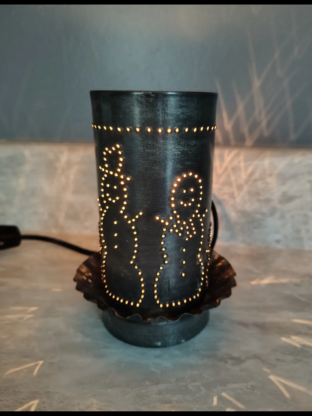 Primitive Punched Tin Snowman Rustic Lamp USA